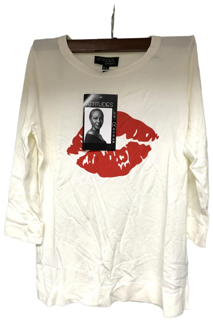 Attitudes by Renee Printed Statement Sweater Kiss-Kiss - Regular